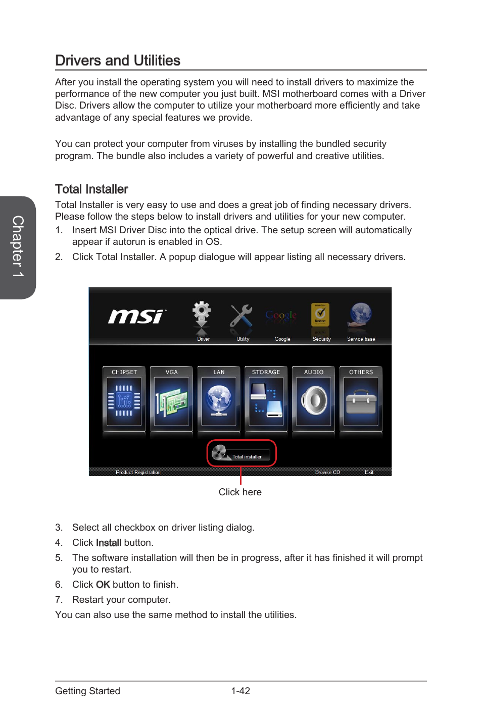 Drivers and utilities -42, Total installer -42, Chapter 1 | Drivers and utilities, Total installer | MSI Z87 XPOWER User Manual | Page 56 / 120