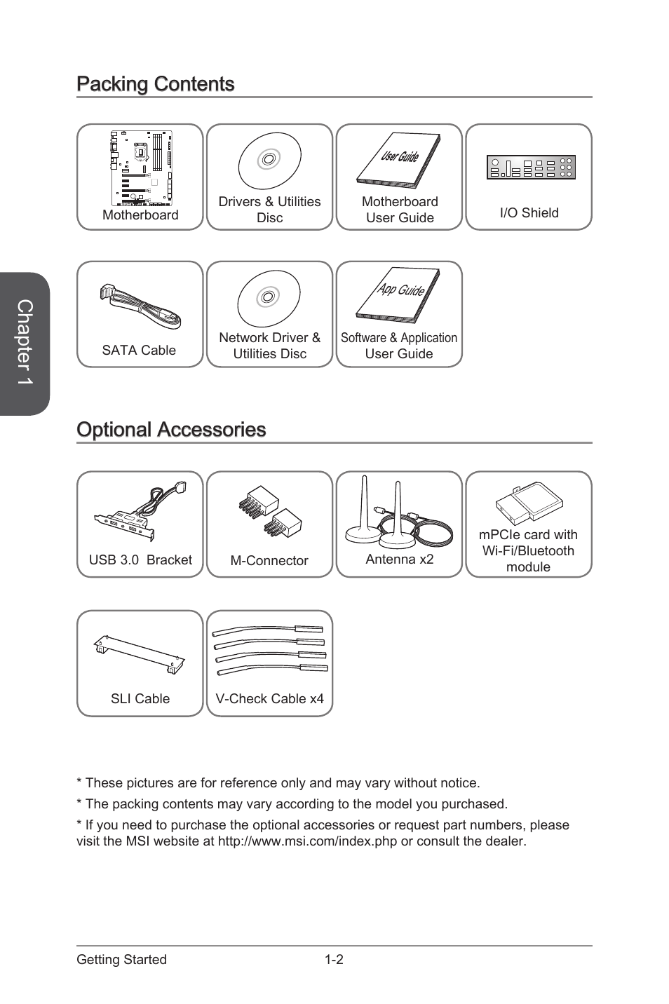 Chapter 1, Packing contents, Optional accessories | MSI Z87 MPOWER MAX User Manual | Page 16 / 116