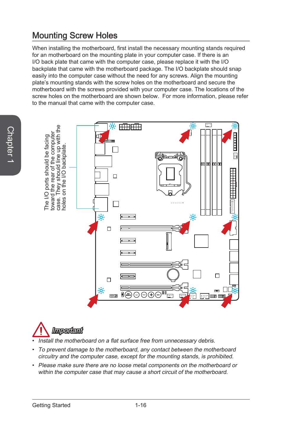 Chapter 1, Mounting screw holes, Important | MSI Z87 MPOWER MAX User Manual | Page 30 / 116