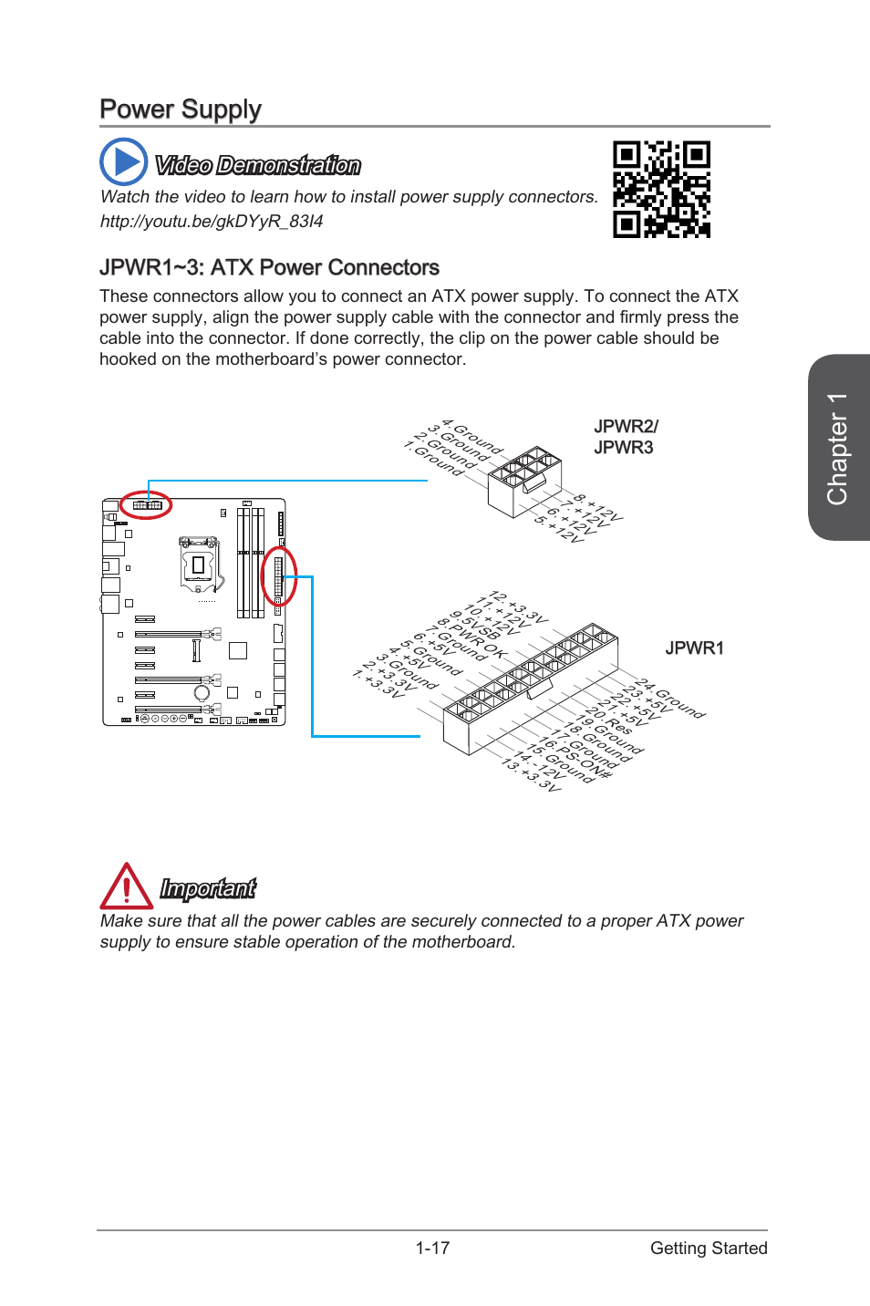 Jpwr1~3, Atx power connectors, Chapter 1 | Power supply, Video demonstration, Jpwr1~3: atx power connectors, Important | MSI Z87 MPOWER MAX User Manual | Page 31 / 116