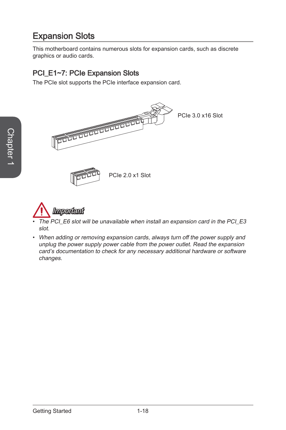 Pci_e1~e7, Pcie expansion slot, Chapter 1 | Expansion slots | MSI Z87 MPOWER MAX User Manual | Page 32 / 116