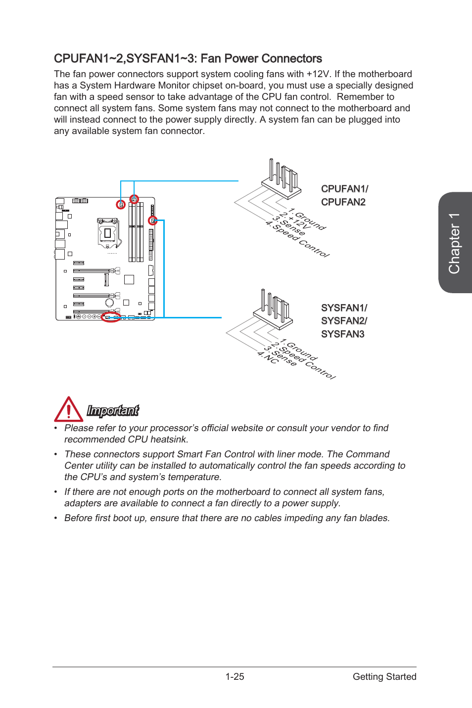 Cpufan1~2,sysfan1~3 fan power connectors, Chapter 1, Cpufan1~2,sysfan1~3: fan power connectors | Important | MSI Z87 MPOWER MAX User Manual | Page 39 / 116