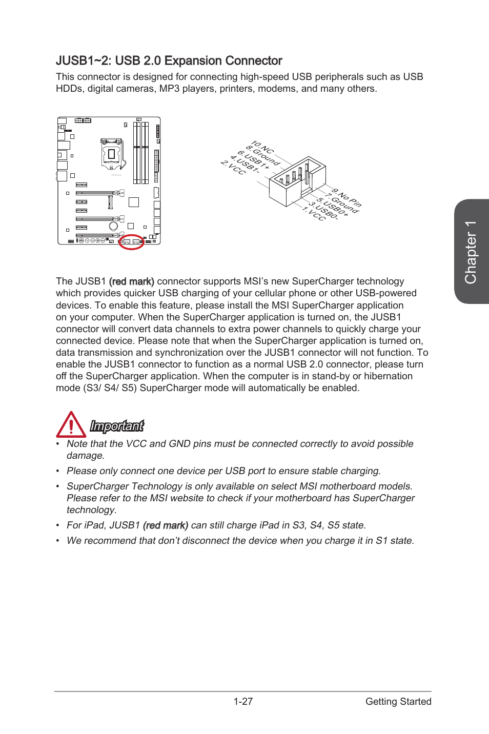 Jusb1~2, Usb 2.0 expansion connector, Chapter 1 | Jusb1~2: usb 2.0 expansion connector, Important | MSI Z87 MPOWER MAX User Manual | Page 41 / 116