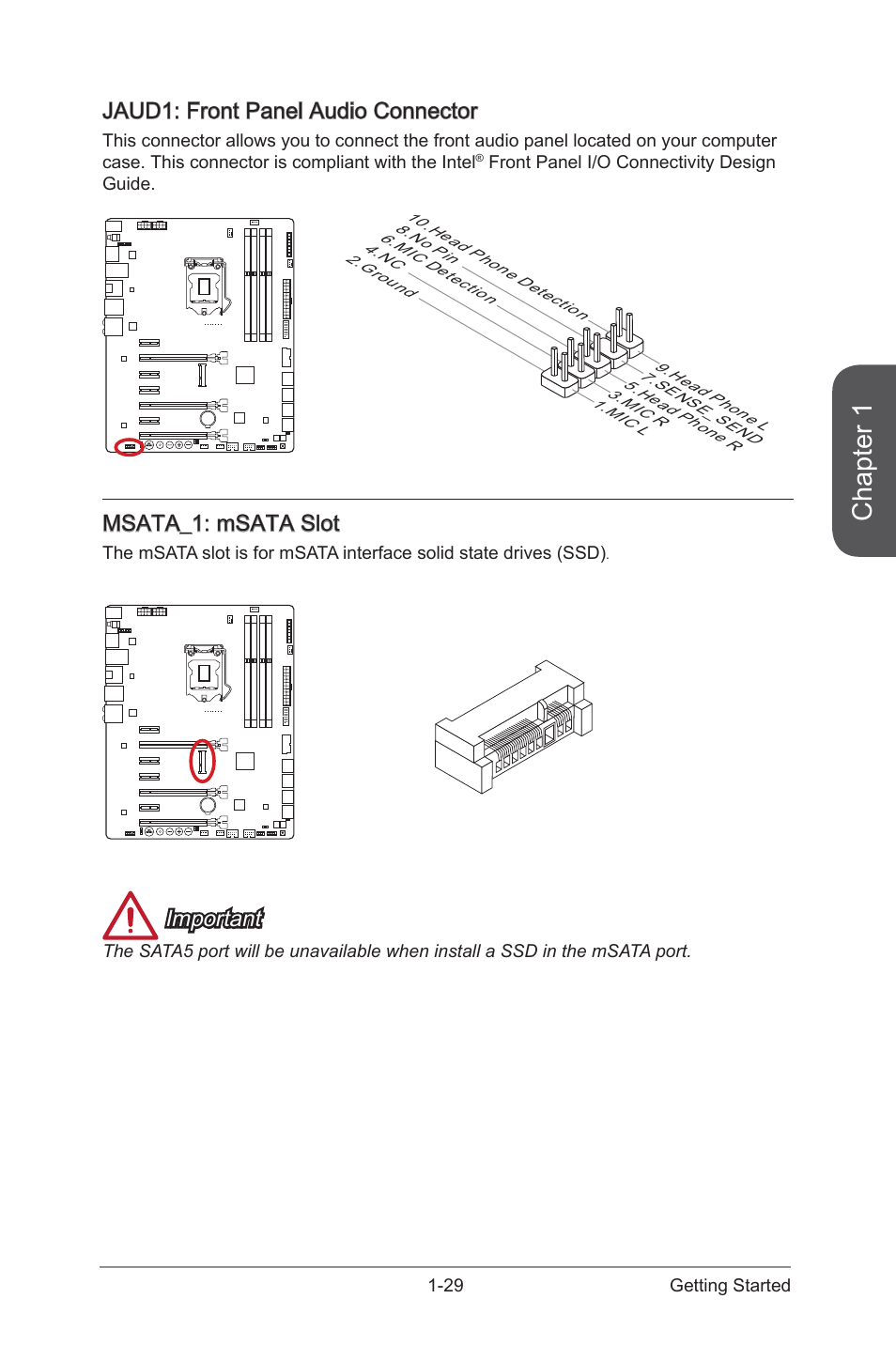 Jaud1, Front panel audio connector, Msata_1 | Msata slot, Chapter 1, Jaud1: front panel audio connector, Msata_1: msata slot, Important | MSI Z87 MPOWER MAX User Manual | Page 43 / 116