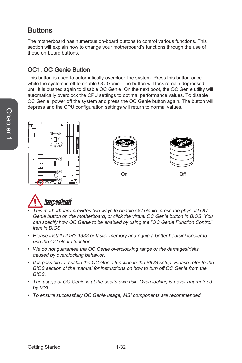 Oc genie button, Chapter 1, Buttons | Oc1: oc genie button, Important | MSI Z87 MPOWER MAX User Manual | Page 46 / 116
