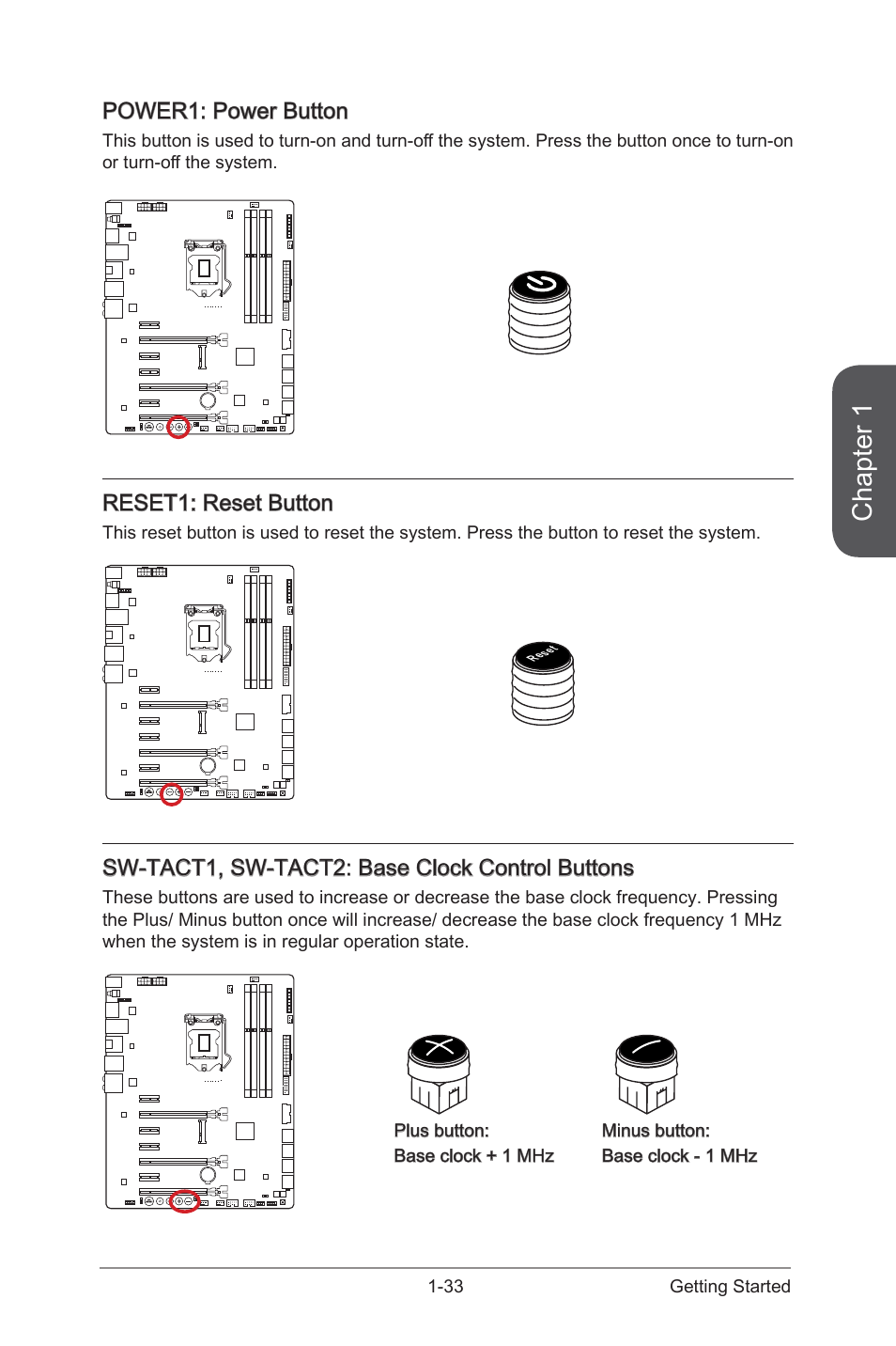 Power1, Power button, Reset1 | Reset button, Sw-tact1, sw-tact2, Base clock control buttons, Chapter 1, Power1: power button, Reset1: reset button, Sw-tact1, sw-tact2: base clock control buttons | MSI Z87 MPOWER MAX User Manual | Page 47 / 116