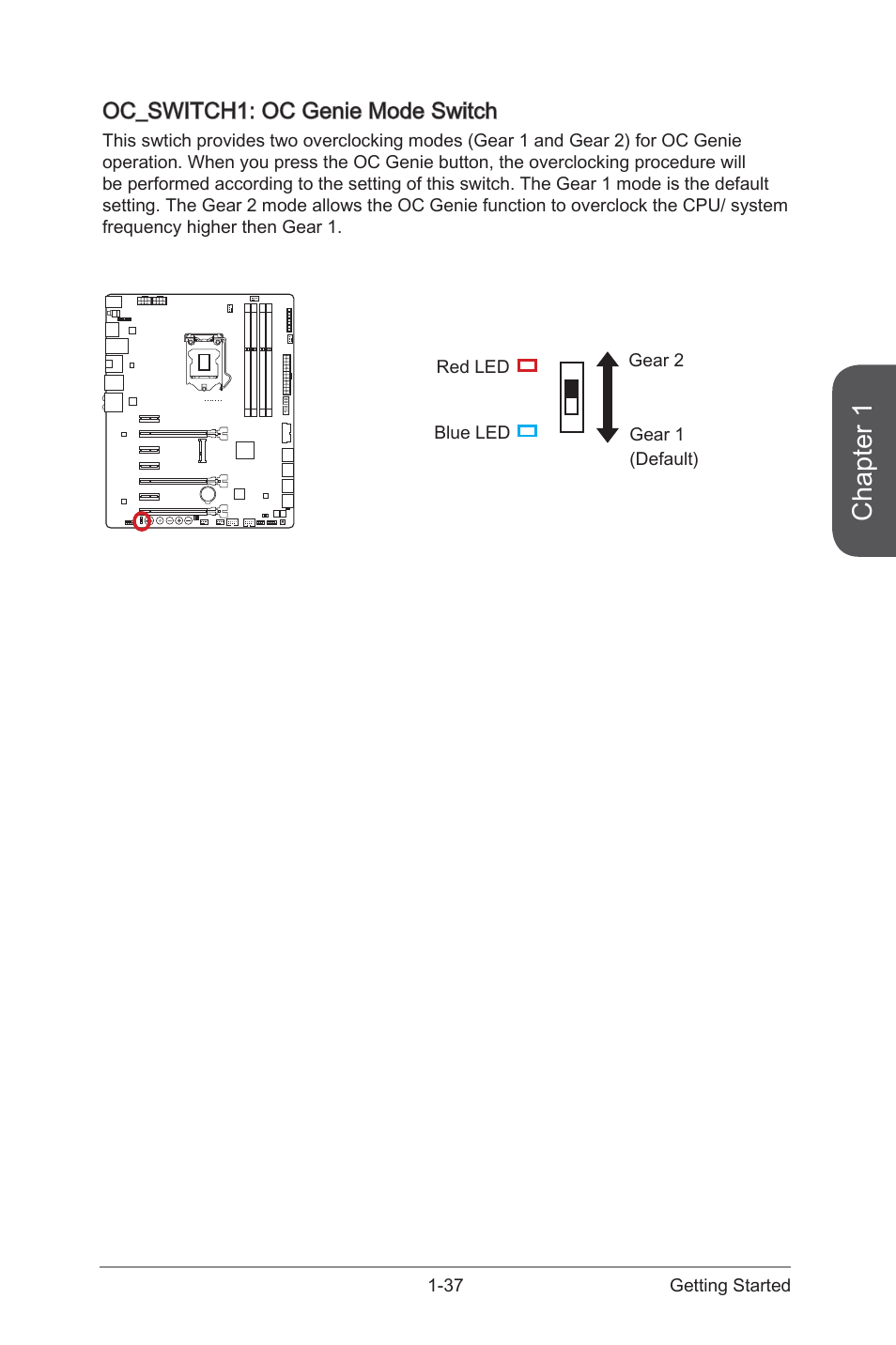 Jdisch1, Discharge jumper, Oc_switch1 | Oc genie mode switch, Chapter 1, Oc_switch1: oc genie mode switch | MSI Z87 MPOWER MAX User Manual | Page 51 / 116