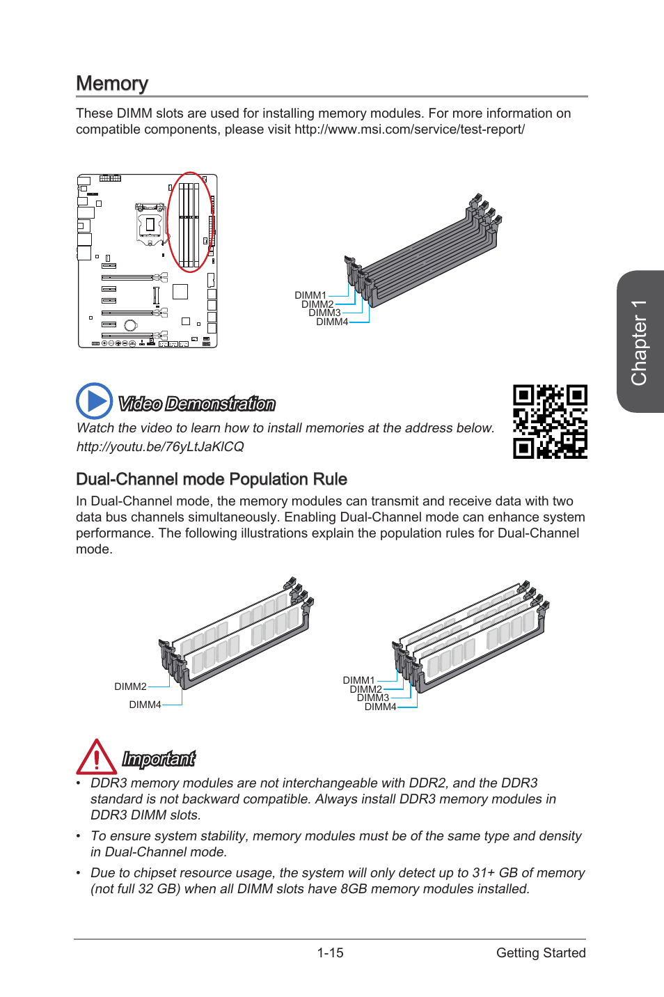 Memory, Dual-channel mode population rule, Memory -15 | Dual-channel mode population rule -15, Chapter 1, Video demonstration, Important | MSI Z87 MPOWER User Manual | Page 29 / 120