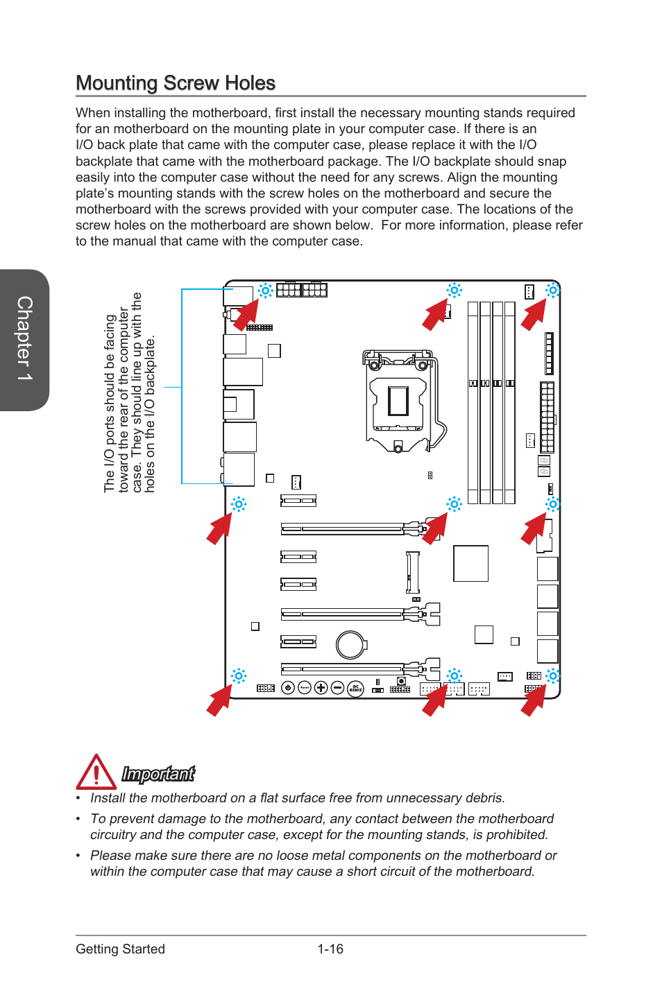 Mounting screw holes, Mounting screw holes -16, Chapter 1 | Important | MSI Z87 MPOWER User Manual | Page 30 / 120