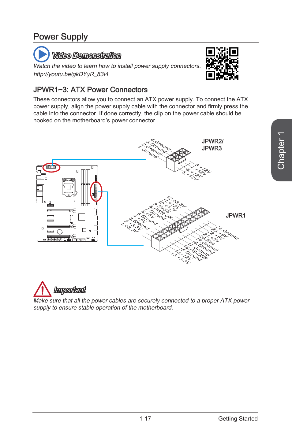 Power supply, Jpwr1~3: atx power connectors, Power supply -17 | Jpwr1~3: atx power connectors -17, Jpwr1~3, Atx power connectors, Chapter 1, Video demonstration, Important | MSI Z87 MPOWER User Manual | Page 31 / 120