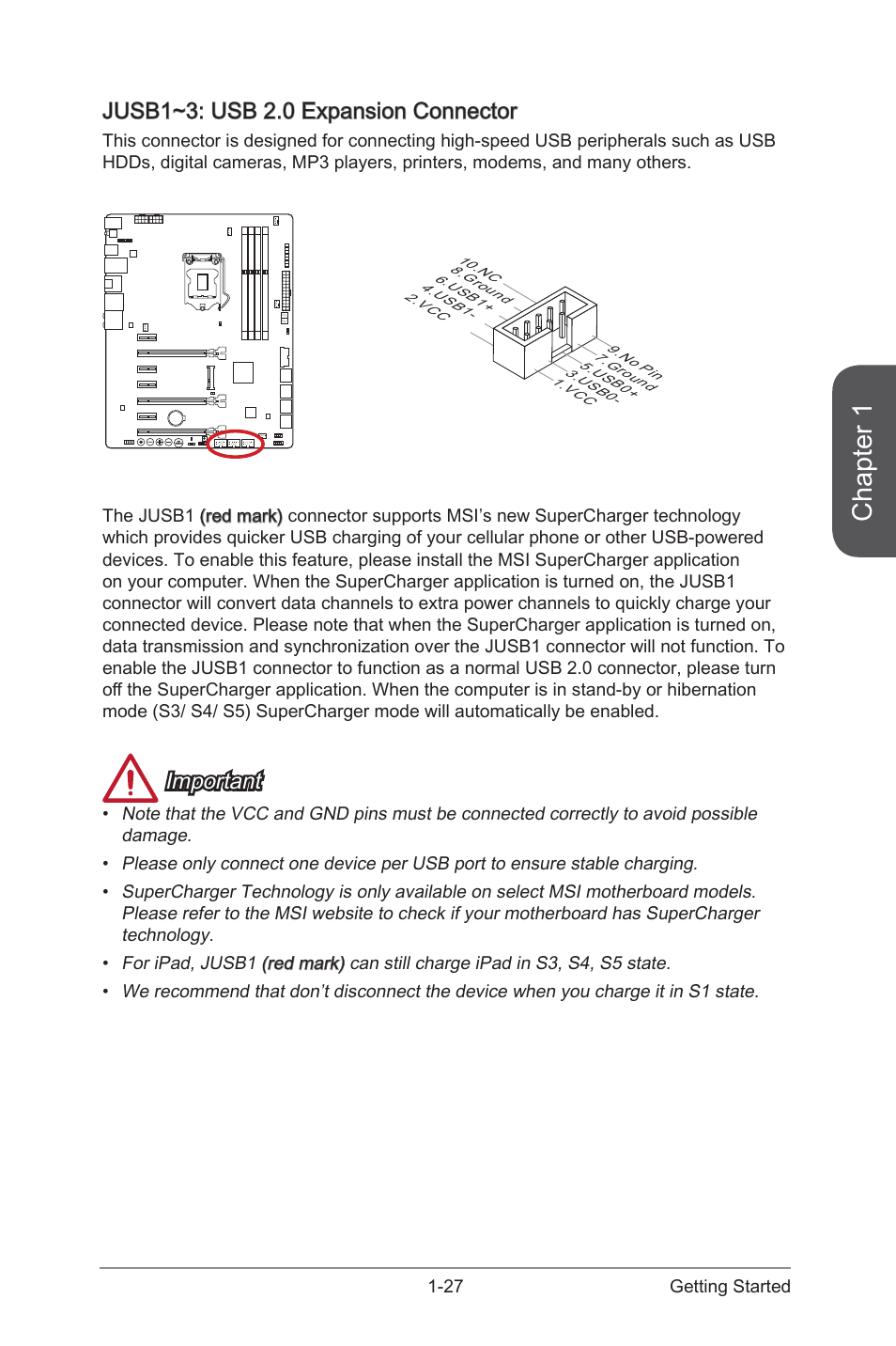 Jusb1~3: usb 2.0 expansion connector, Jusb1~3: usb 2.0 expansion connector -27, Jusb1~3 | Usb 2.0 expansion connectors, Chapter 1, Important | MSI Z87 MPOWER User Manual | Page 41 / 120