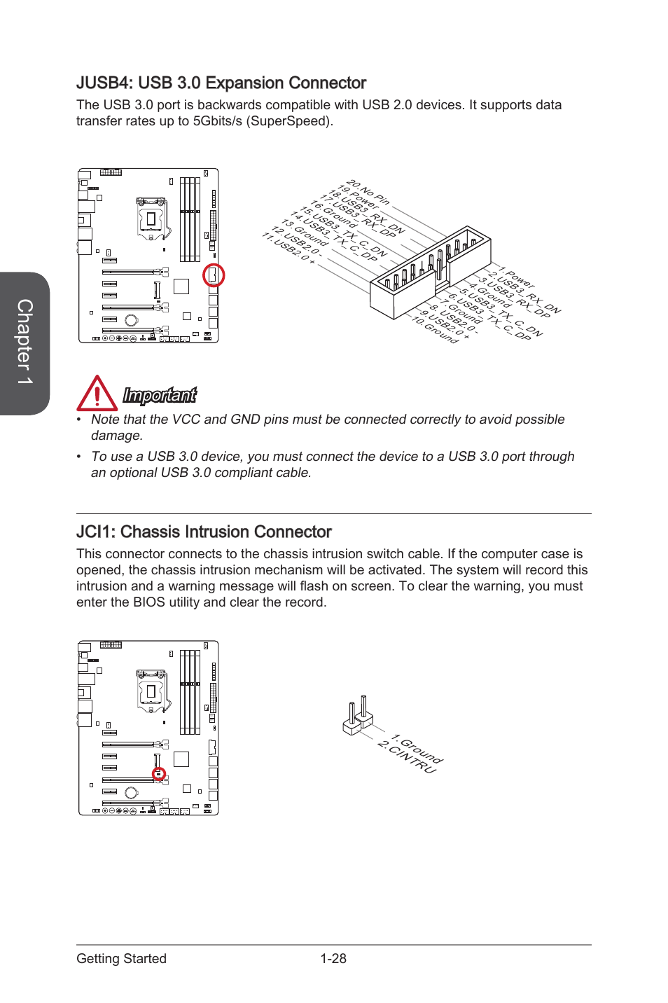 Jusb4: usb 3.0 expansion connector, Jusb4: usb 3.0 expansion connector -28, Jci1 | Chassis intrusion connector, Jusb4, Usb 3.0 expansion connector, Chapter 1, Important, Jci1: chassis intrusion connector, 28 getting started | MSI Z87 MPOWER User Manual | Page 42 / 120