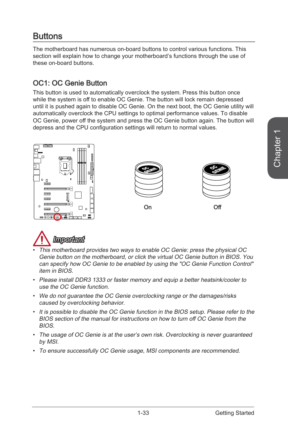 Buttons, Oc1: oc genie button, Buttons -33 | Oc1: oc genie button -33, Oc genie button, Chapter 1, Important | MSI Z87 MPOWER User Manual | Page 47 / 120