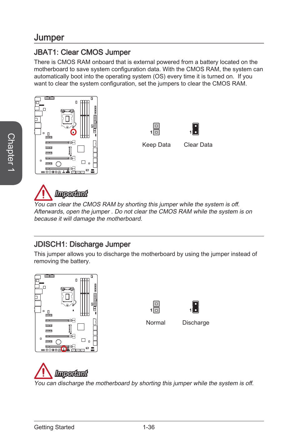 Jumper, Jbat1: clear cmos jumper, Jumper -36 | Jbat1: clear cmos jumper -36, Jbat1, Clear cmos jumper, Jdisch1, Discharge jumper, Chapter 1, Important | MSI Z87 MPOWER User Manual | Page 50 / 120