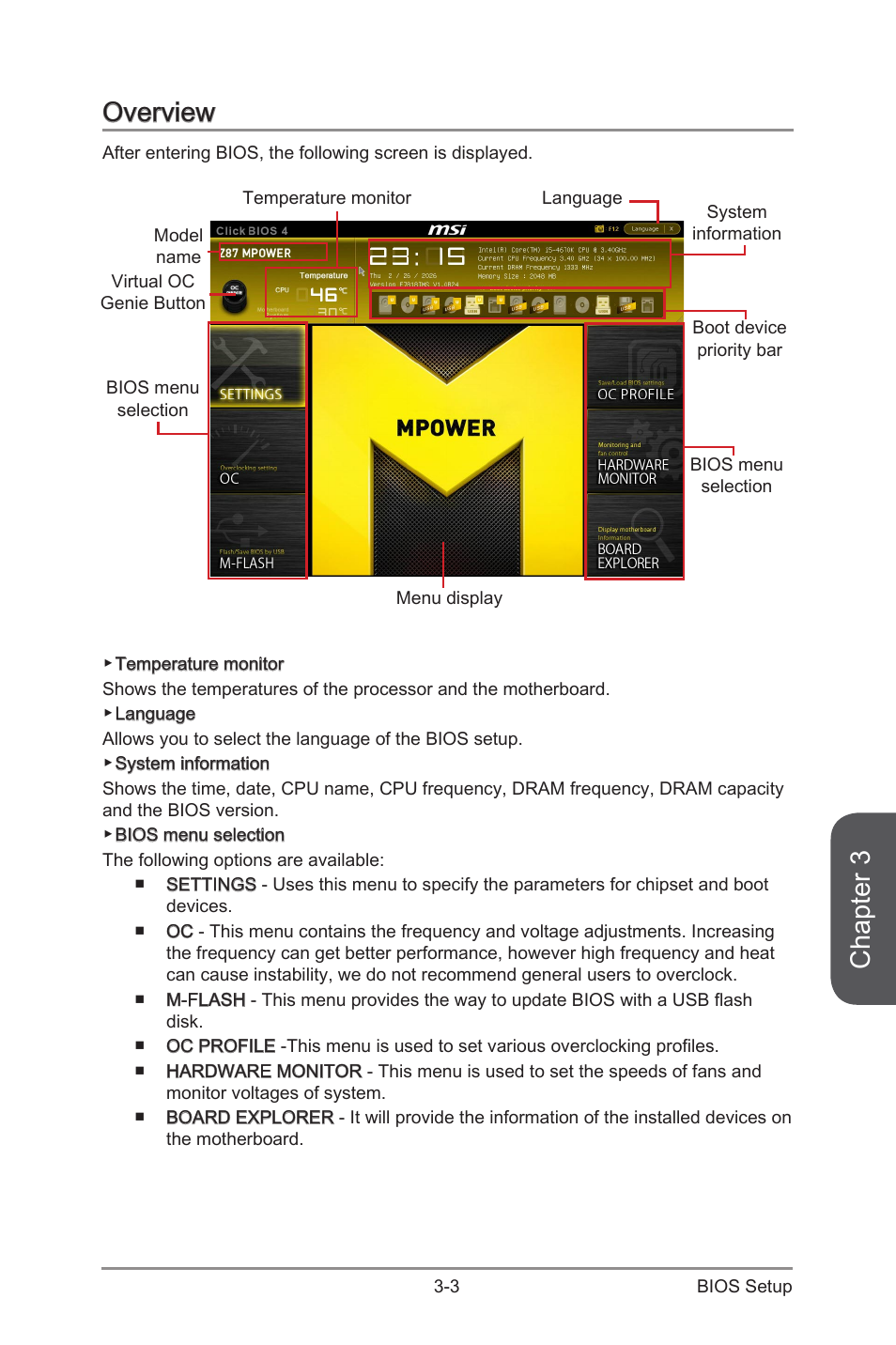Overview, Overview -3, Chapter 3 | MSI Z87 MPOWER User Manual | Page 73 / 120