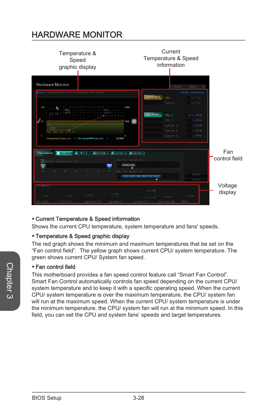 Hardware monitor, Hardware monitor -28, Chapter 3 | MSI Z87 MPOWER User Manual | Page 98 / 120