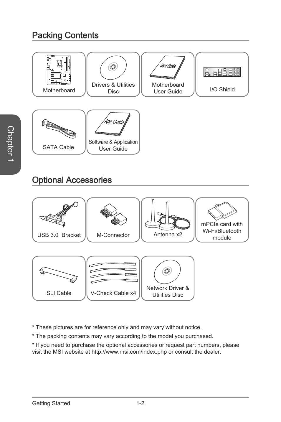 Optional accessories, Packing contents, Packing contents -2 optional accessories -2 | Chapter 1 | MSI Z87 MPOWER SP User Manual | Page 16 / 118