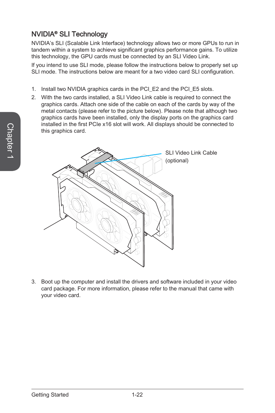 Nvidia® sli technology, Nvidia, Sli technology -22 | Chapter 1, Sli technology | MSI Z87 MPOWER SP User Manual | Page 36 / 118