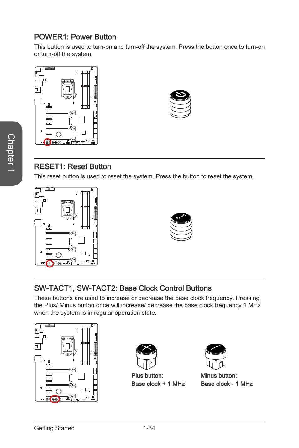 Power1: power button, Power1: power button -34, Power1 | Power button, Reset1, Reset button, Sw-tact1, sw-tact2, Base clock control buttons, Chapter 1, Reset1: reset button | MSI Z87 MPOWER SP User Manual | Page 48 / 118