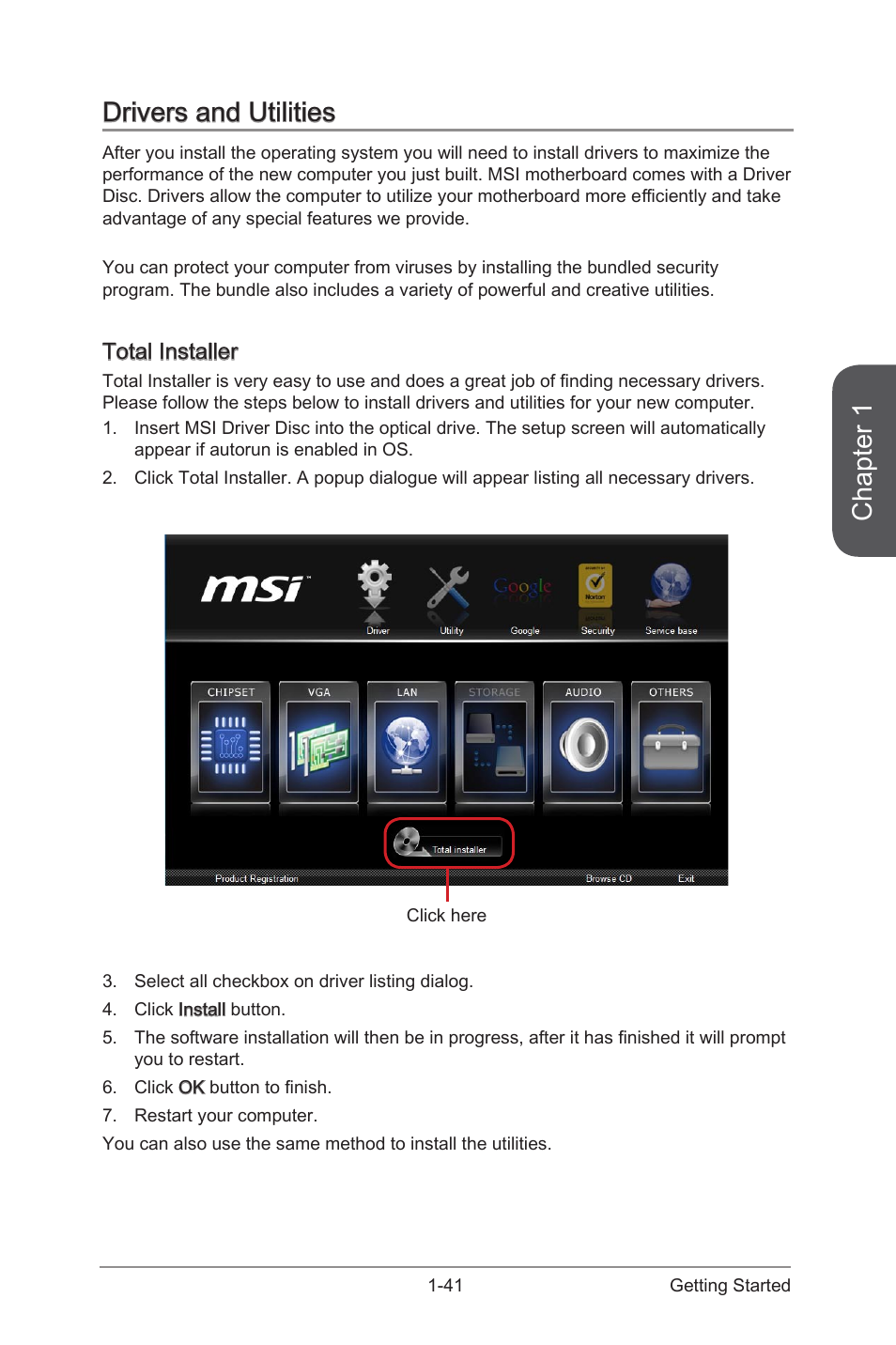 Drivers and utilities, Total installer, Drivers and utilities -41 | Total installer -41, Chapter 1 | MSI Z87 MPOWER SP User Manual | Page 55 / 118