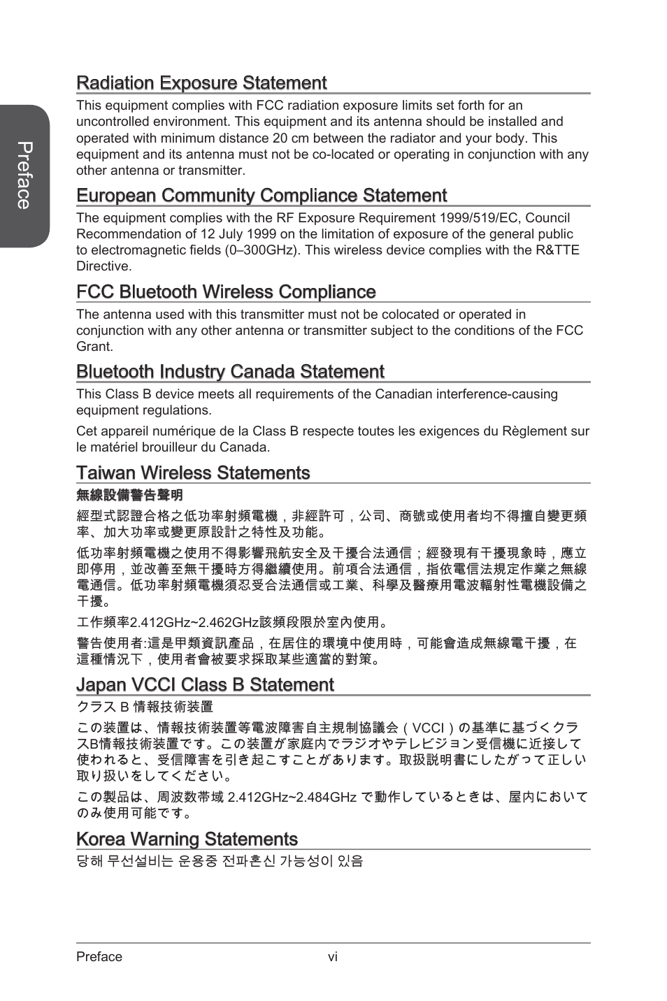 Radiation exposure statement, European community compliance statement, Fcc bluetooth wireless compliance | Bluetooth industry canada statement, Taiwan wireless statements, Japan vcci class b statement, Korea warning statements, Preface | MSI Z87 MPOWER SP User Manual | Page 6 / 118
