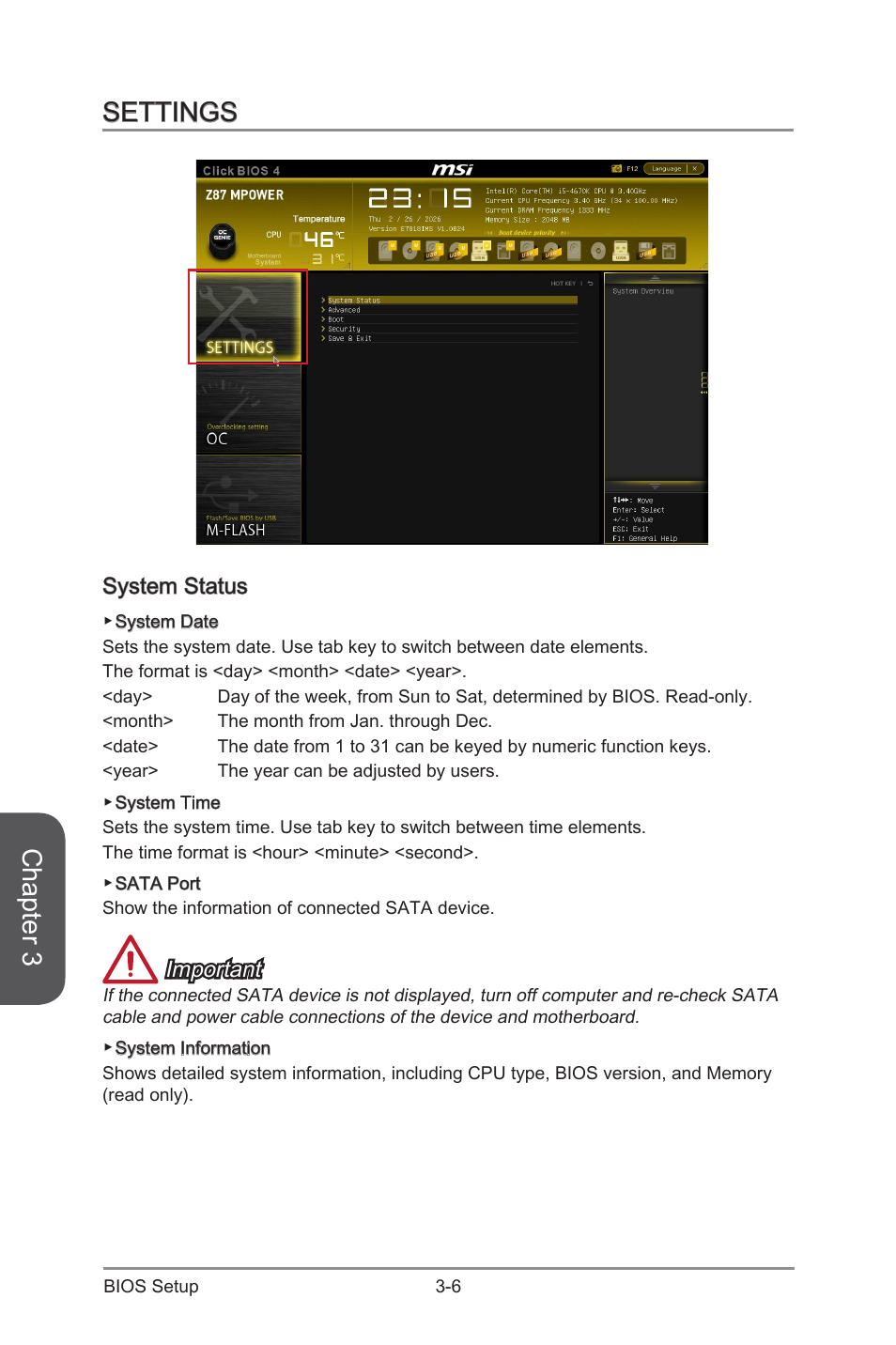 Settings, System status, Settings -6 | System status -6, Chapter 3, Important | MSI Z87 MPOWER SP User Manual | Page 76 / 118