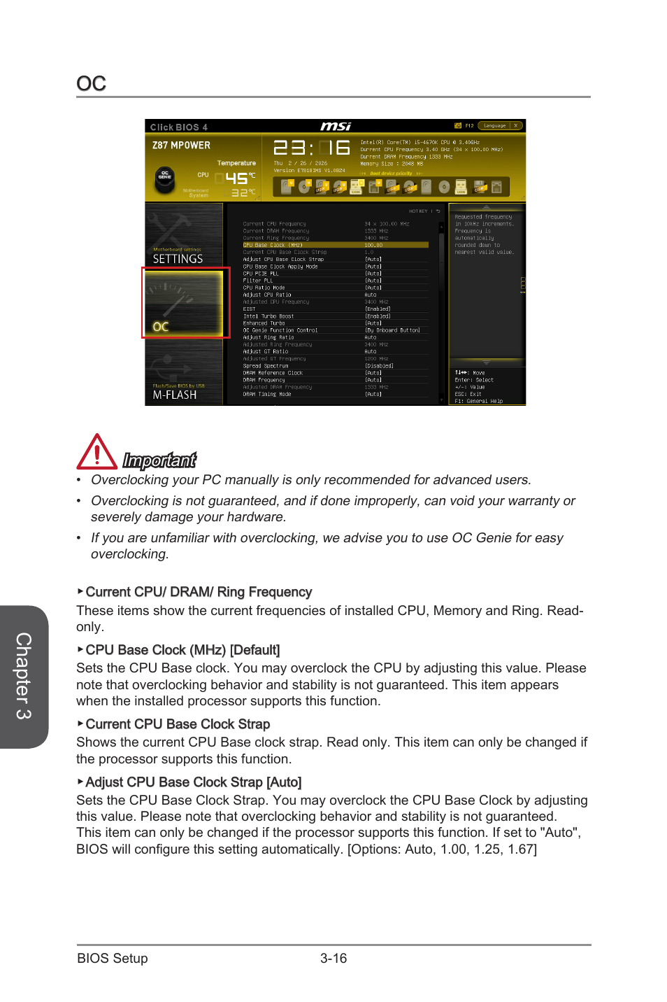 Oc -16, Chapter 3, Important | MSI Z87 MPOWER SP User Manual | Page 86 / 118