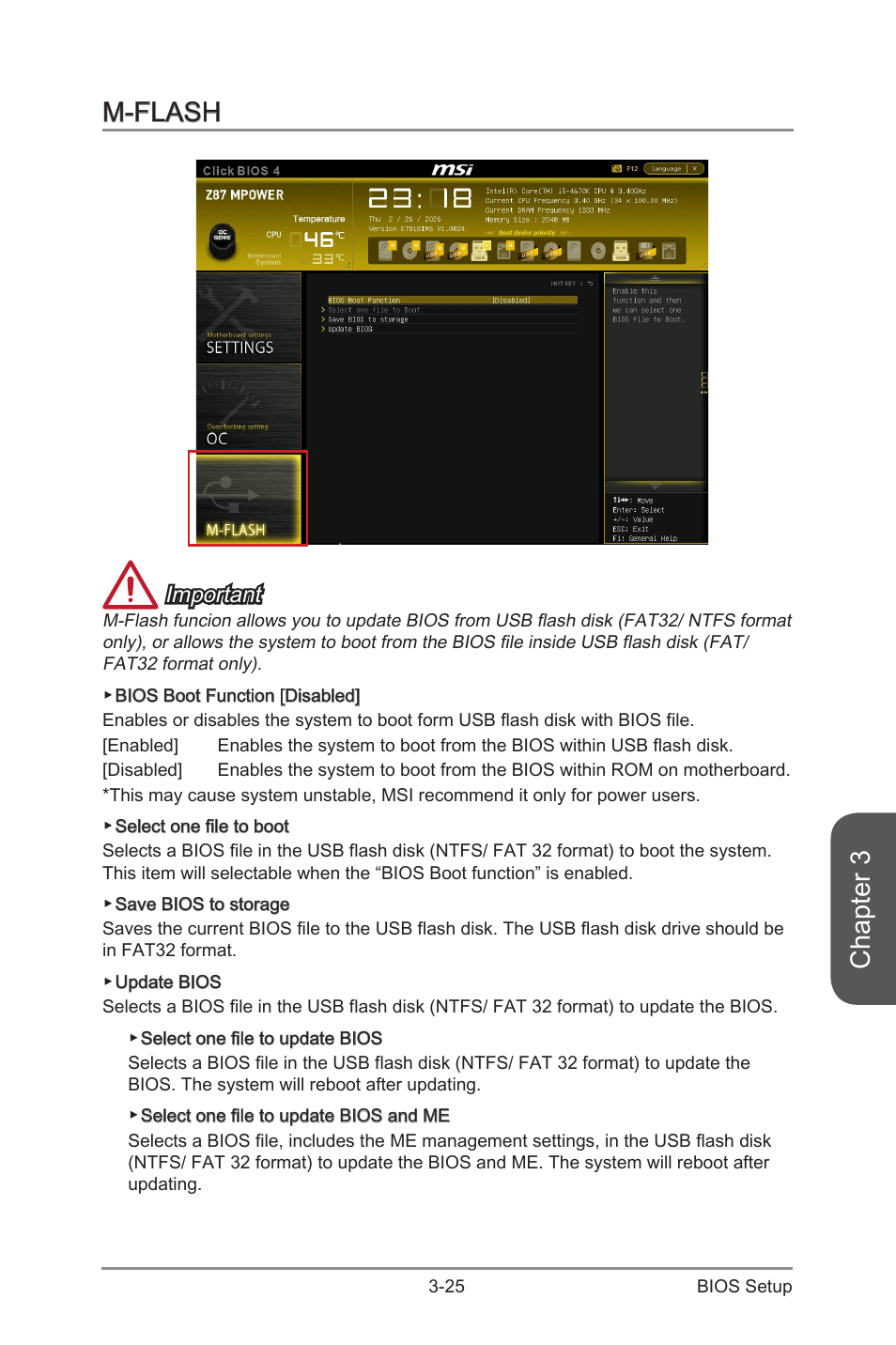 M-flash, M-flash -25, Chapter 3 | Important | MSI Z87 MPOWER SP User Manual | Page 95 / 118