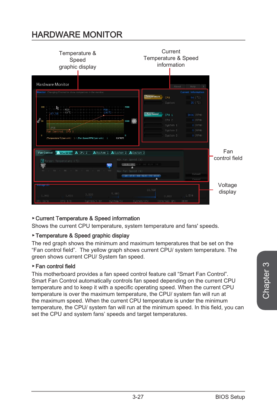 Hardware monitor, Hardware monitor -27, Chapter 3 | MSI Z87 MPOWER SP User Manual | Page 97 / 118
