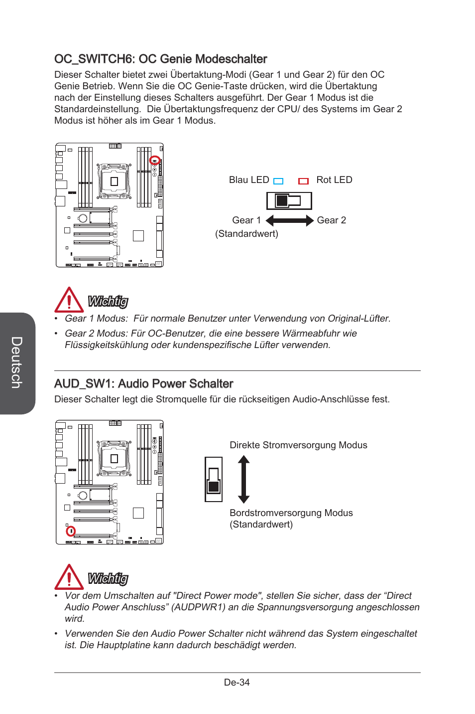 Aud_sw1: audio power switch, Oc_switch6: oc genie mode switch, Aud_sw1 | Audio power schalter, De-34, Oc_switch6, Oc genie modeschalter, Deutsch, Oc_switch6: oc genie modeschalter, Wichtig | MSI X99S GAMING 9 AC User Manual | Page 100 / 236