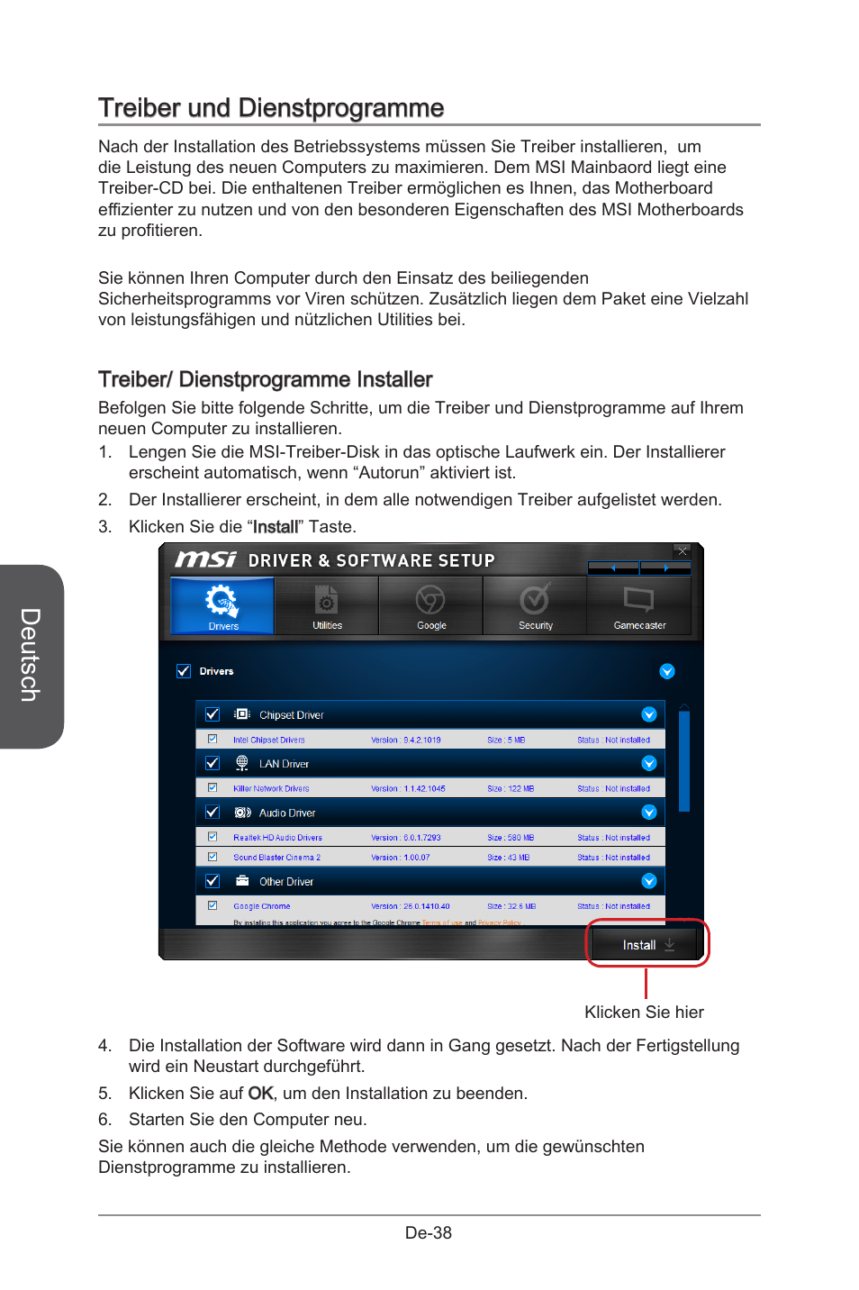 Treiber und dienstprogramme, Deutsch, Treiber/ dienstprogramme installer | MSI X99S GAMING 9 AC User Manual | Page 104 / 236