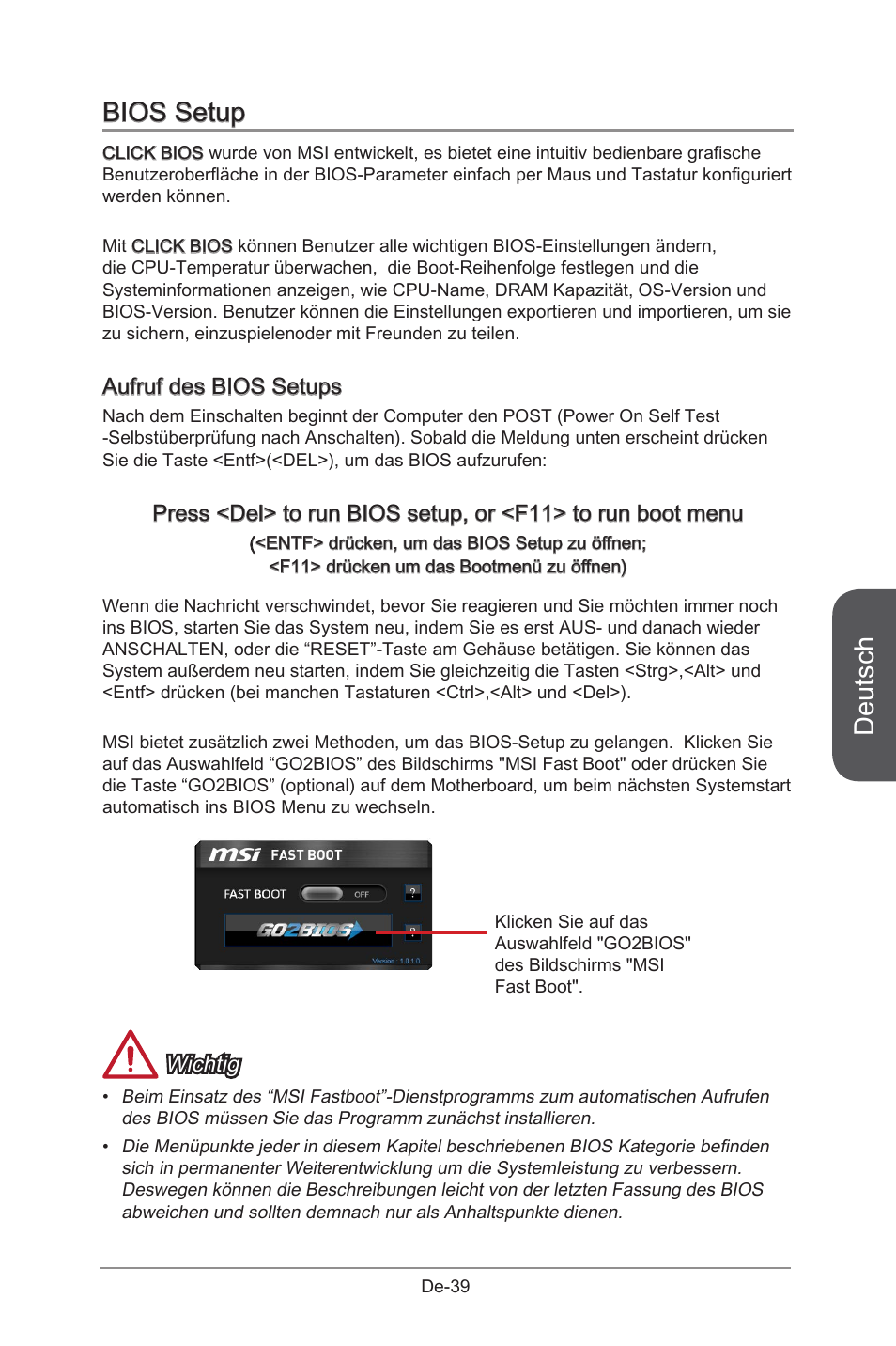 Bios setup, Deutsch, Aufruf des bios setups | Wichtig | MSI X99S GAMING 9 AC User Manual | Page 105 / 236