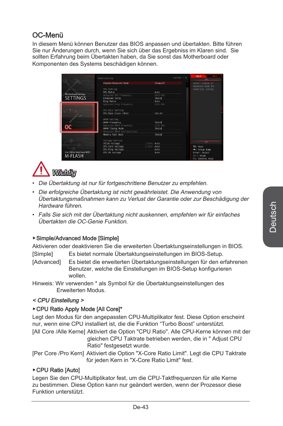 Deutsch, Oc-menü, Wichtig | MSI X99S GAMING 9 AC User Manual | Page 109 / 236