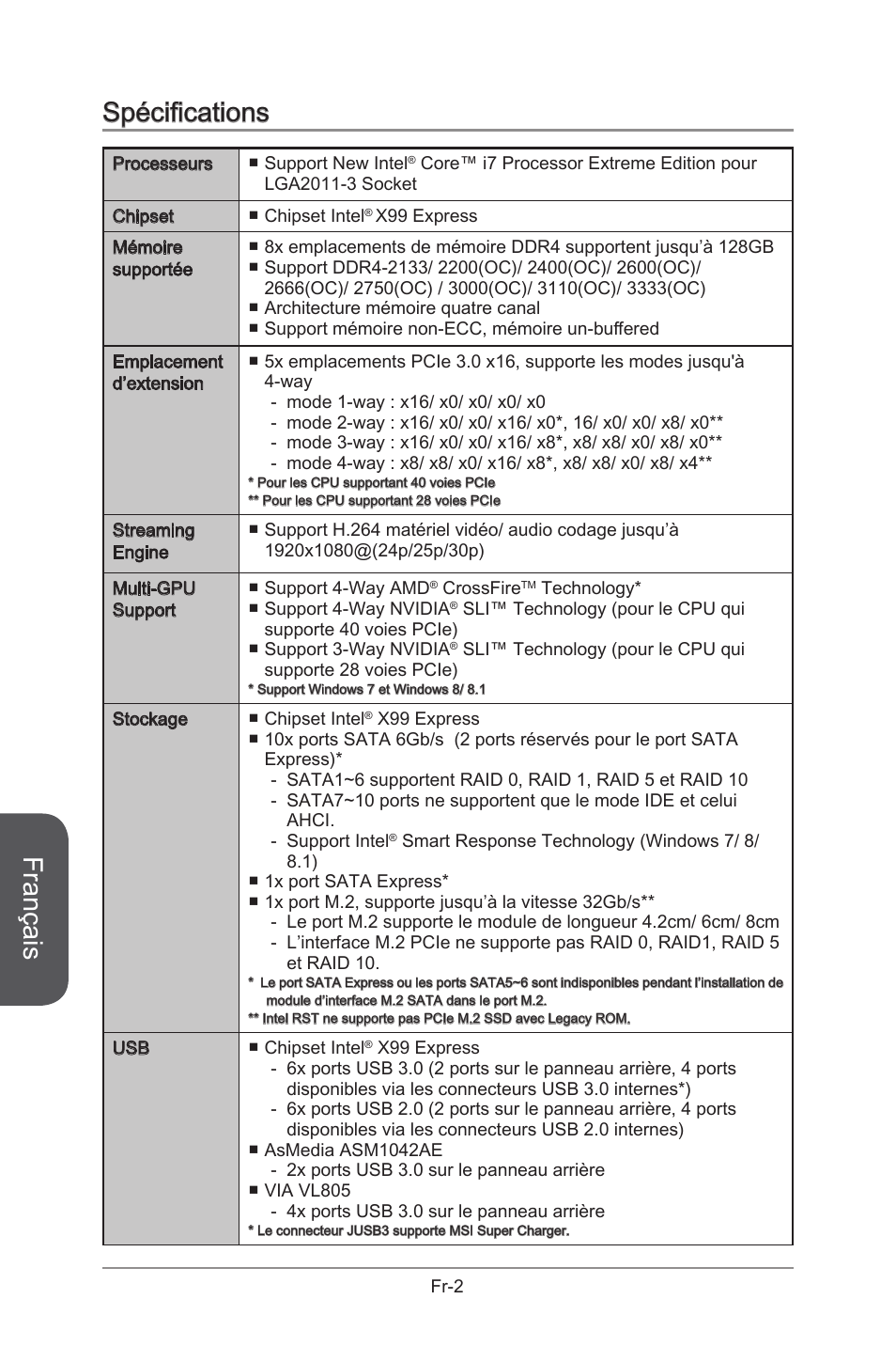 Spécifications, Français | MSI X99S GAMING 9 AC User Manual | Page 120 / 236