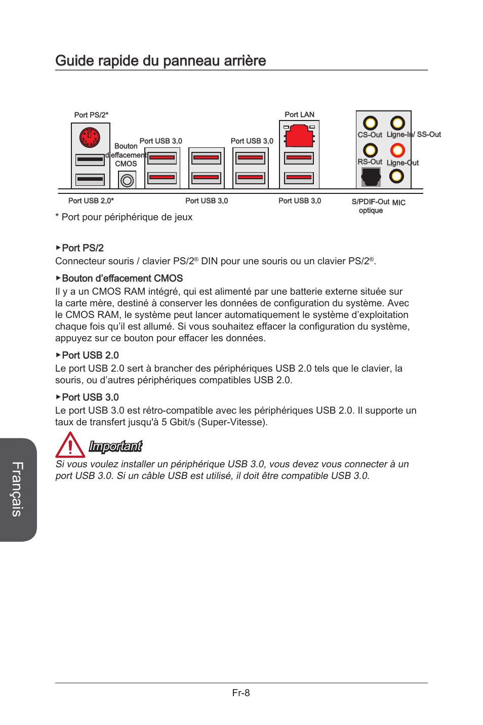 Guide rapide du panneau arrière, Français, Important | MSI X99S GAMING 9 AC User Manual | Page 126 / 236