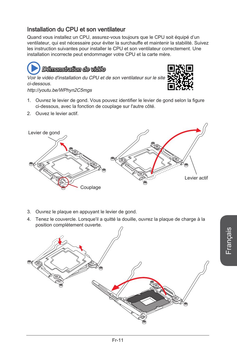 Lga2011-3 socket, Fr-11, Français | Installation du cpu et son ventilateur, Démonstration de vidéo | MSI X99S GAMING 9 AC User Manual | Page 129 / 236