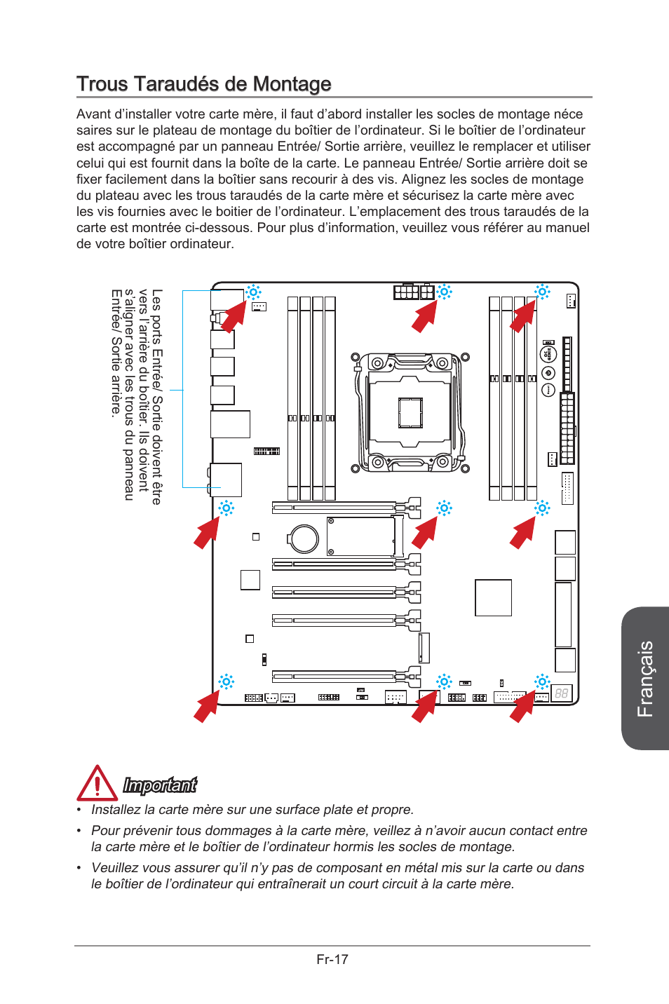 Trous taraudés de montage, Français, Important | MSI X99S GAMING 9 AC User Manual | Page 135 / 236