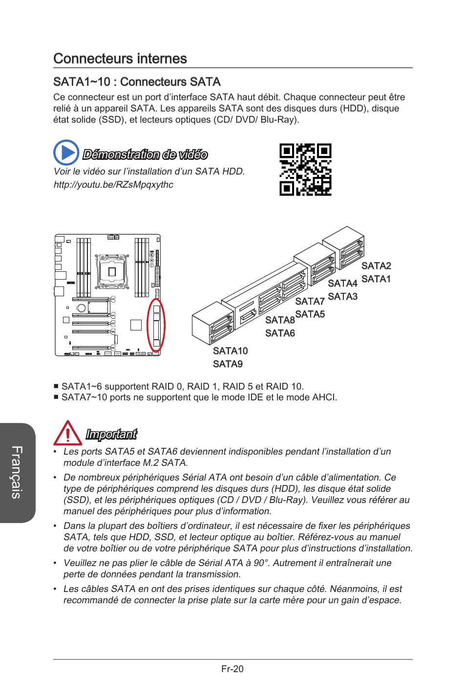 Connecteurs internes, Sata1~10: sata connectors, Sata1~10 | Connecteurs sata, Fr-20, Français, Sata1~10 : connecteurs sata, Démonstration de vidéo, Important | MSI X99S GAMING 9 AC User Manual | Page 138 / 236