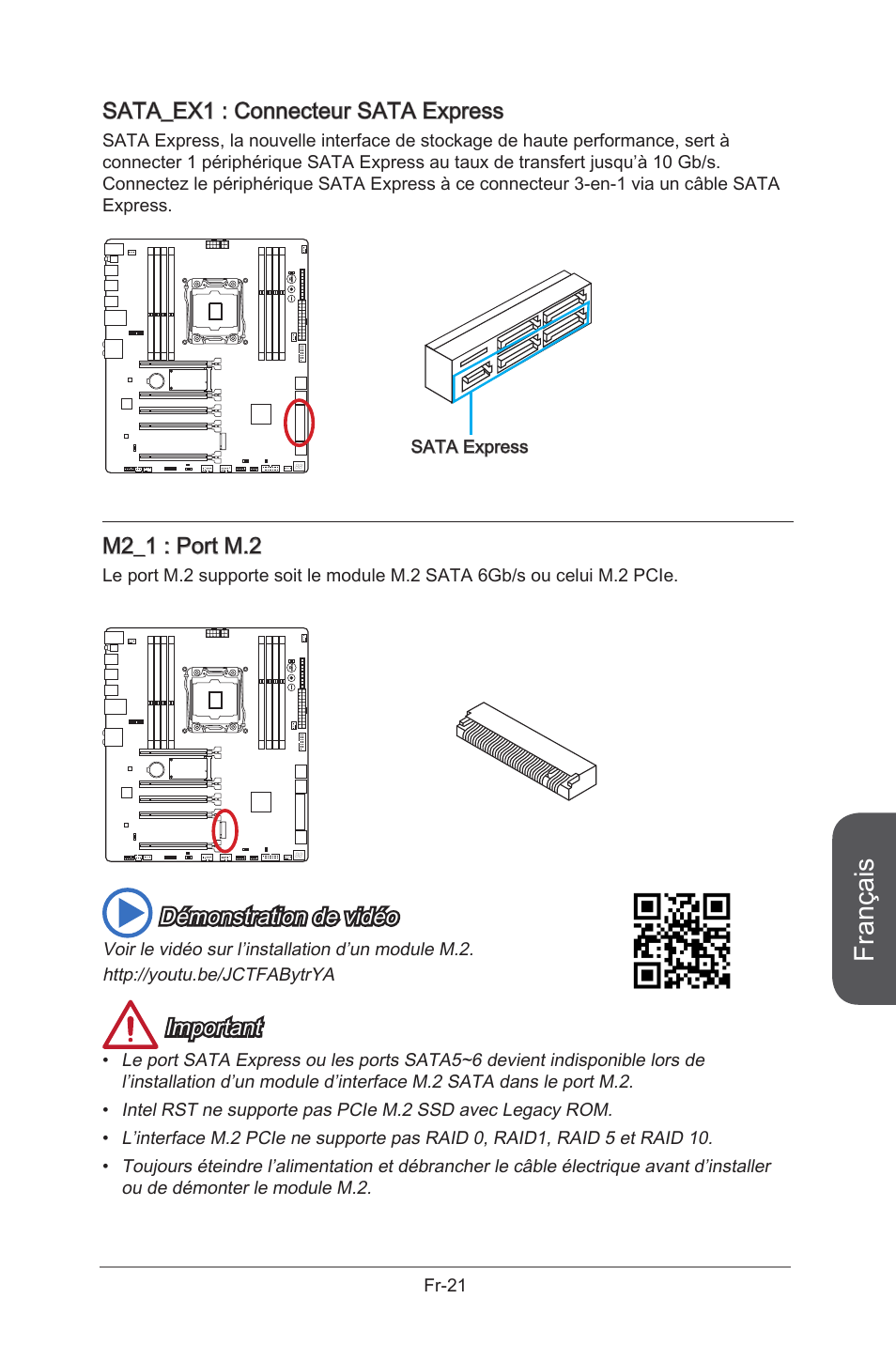 M2_1: m.2 port, Sata_ex1: sata express connector, M2_1 | Port m.2, Fr-21, Sata_ex1, Connecteur sata express, Français, Sata_ex1 : connecteur sata express, M2_1 : port m.2 | MSI X99S GAMING 9 AC User Manual | Page 139 / 236