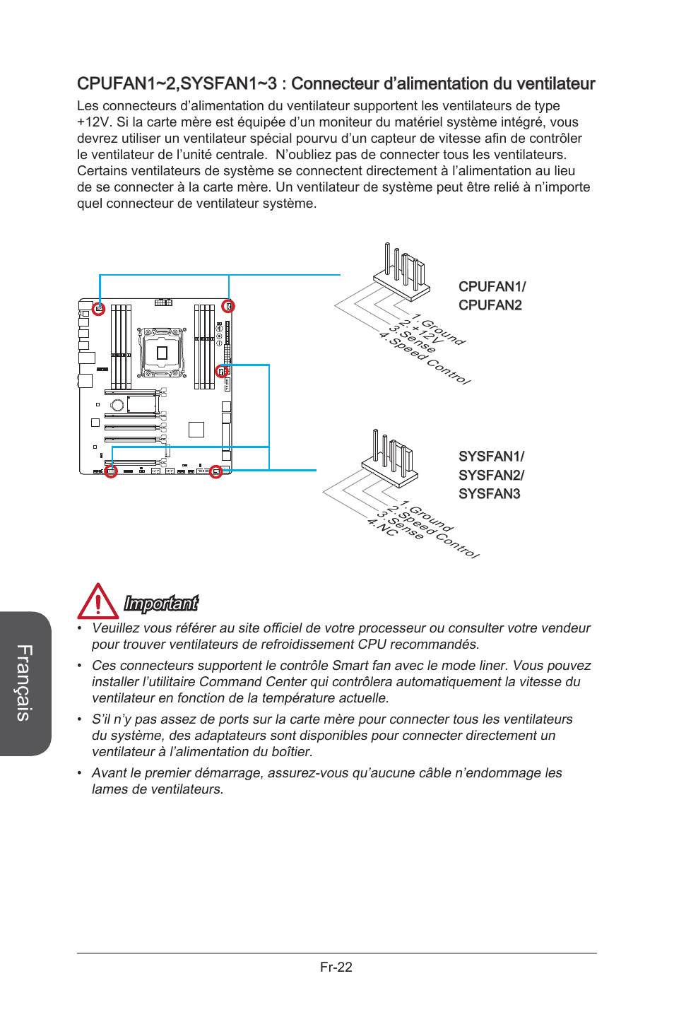 Cpufan1~2,sysfan1~3: fan power connectors, Fr-22, Français | Important | MSI X99S GAMING 9 AC User Manual | Page 140 / 236