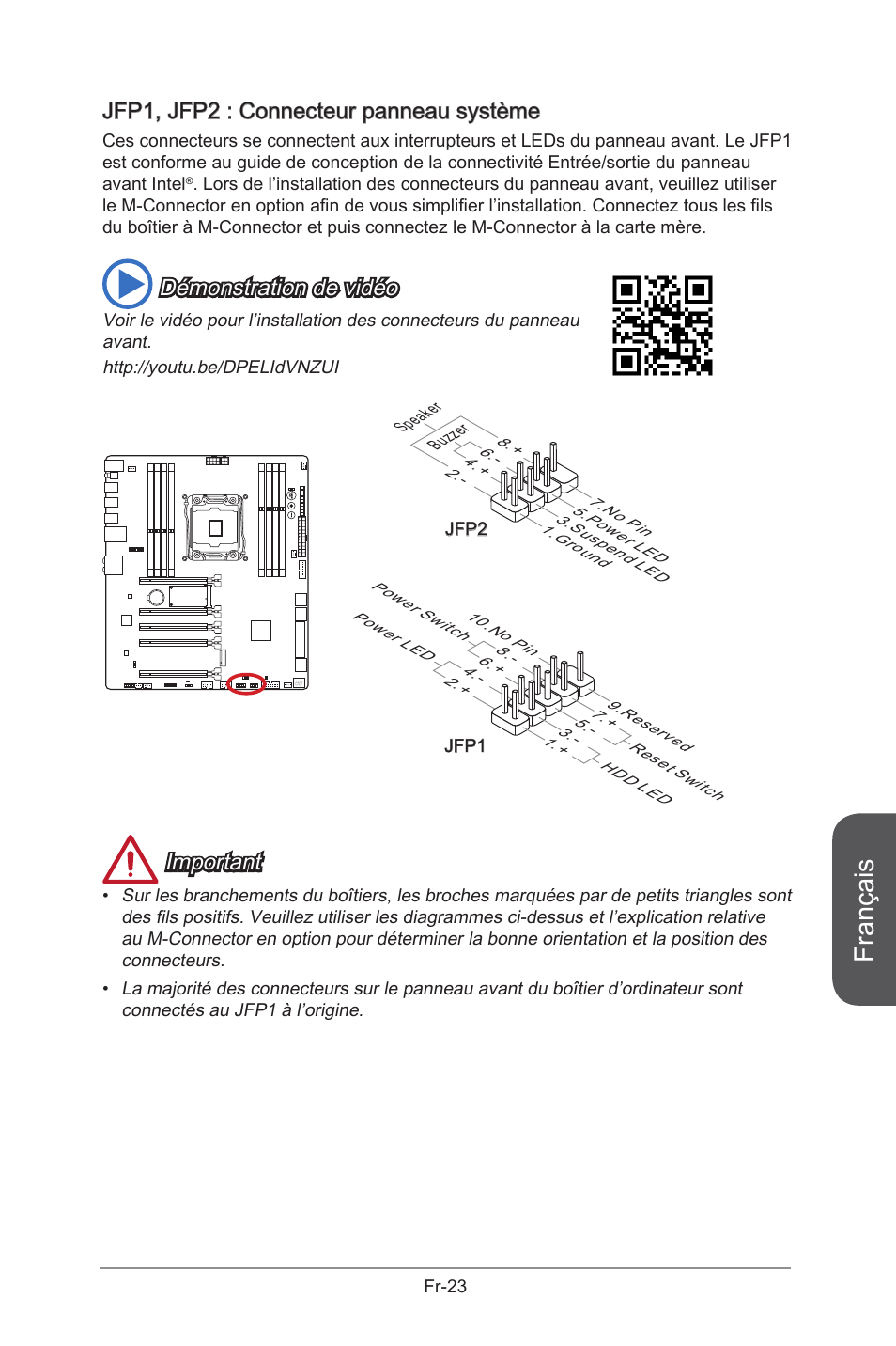 Jfp1, jfp2: system panel connectors, Jfp1, jfp2, Connecteurs de panneau système | Fr-23, Français, Jfp1, jfp2 : connecteur panneau système, Démonstration de vidéo, Important | MSI X99S GAMING 9 AC User Manual | Page 141 / 236