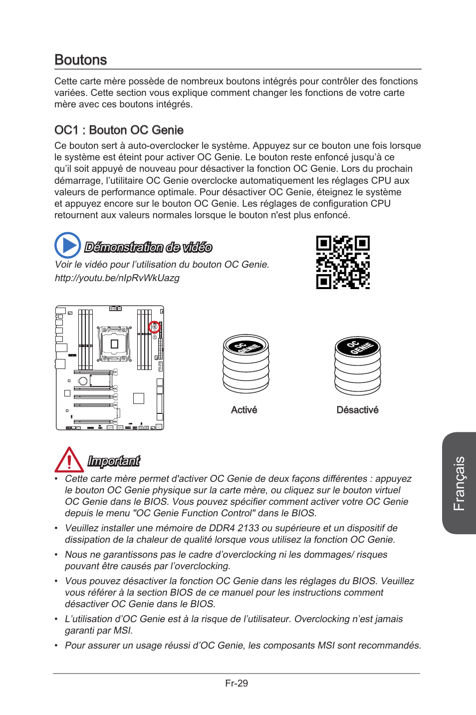 Boutons, Oc1: oc genie button, Bouton oc genie | Fr-29, Français, Oc1 : bouton oc genie, Démonstration de vidéo, Important | MSI X99S GAMING 9 AC User Manual | Page 147 / 236