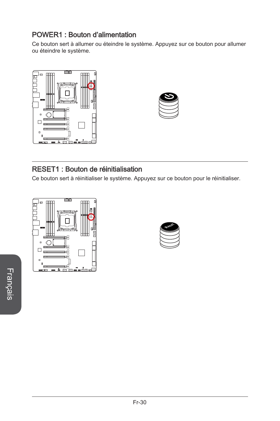 Power1: power button, Reset1: reset button, Power1 | Bouton d’alimentation, Fr-30, Reset1, Bouton de réinitialisation, Français, Power1 : bouton d’alimentation, Reset1 : bouton de réinitialisation | MSI X99S GAMING 9 AC User Manual | Page 148 / 236