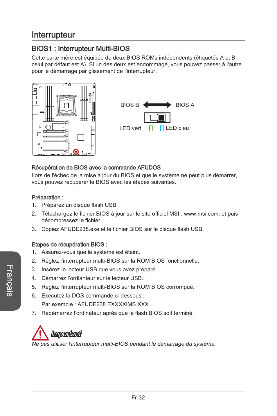 Interrupteur, Bios1: multi-bios switch, Bios1 | Interrupteur multi-bios, Fr-32, Français, Bios1 : interrupteur multi-bios, Important | MSI X99S GAMING 9 AC User Manual | Page 150 / 236