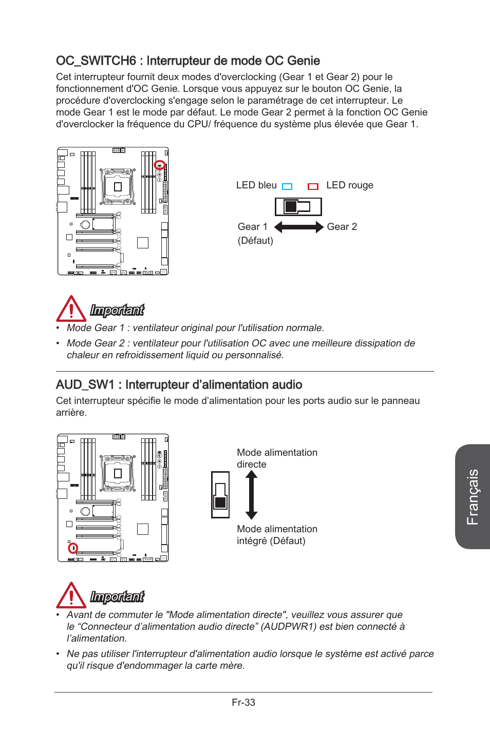 Aud_sw1: audio power switch, Oc_switch6: oc genie mode switch, Aud_sw1 | Interrupteur d’alimentation audio, Fr-33, Oc_switch6, Interrupteur de mode oc genie, Français, Oc_switch6 : interrupteur de mode oc genie, Important | MSI X99S GAMING 9 AC User Manual | Page 151 / 236