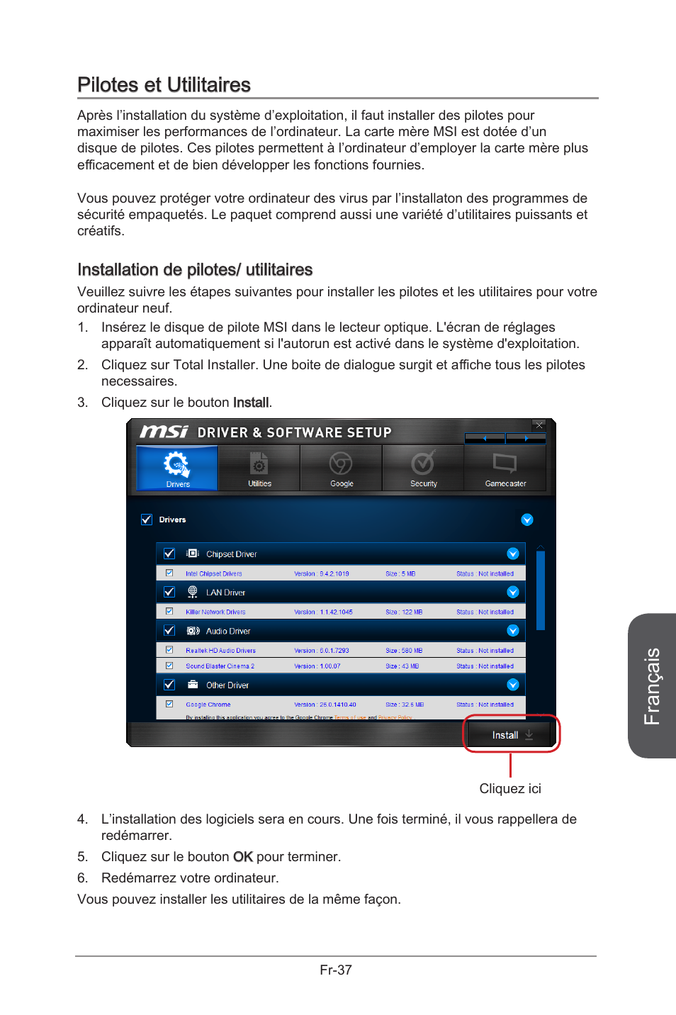 Pilotes et utilitaires, Français, Installation de pilotes/ utilitaires | MSI X99S GAMING 9 AC User Manual | Page 155 / 236