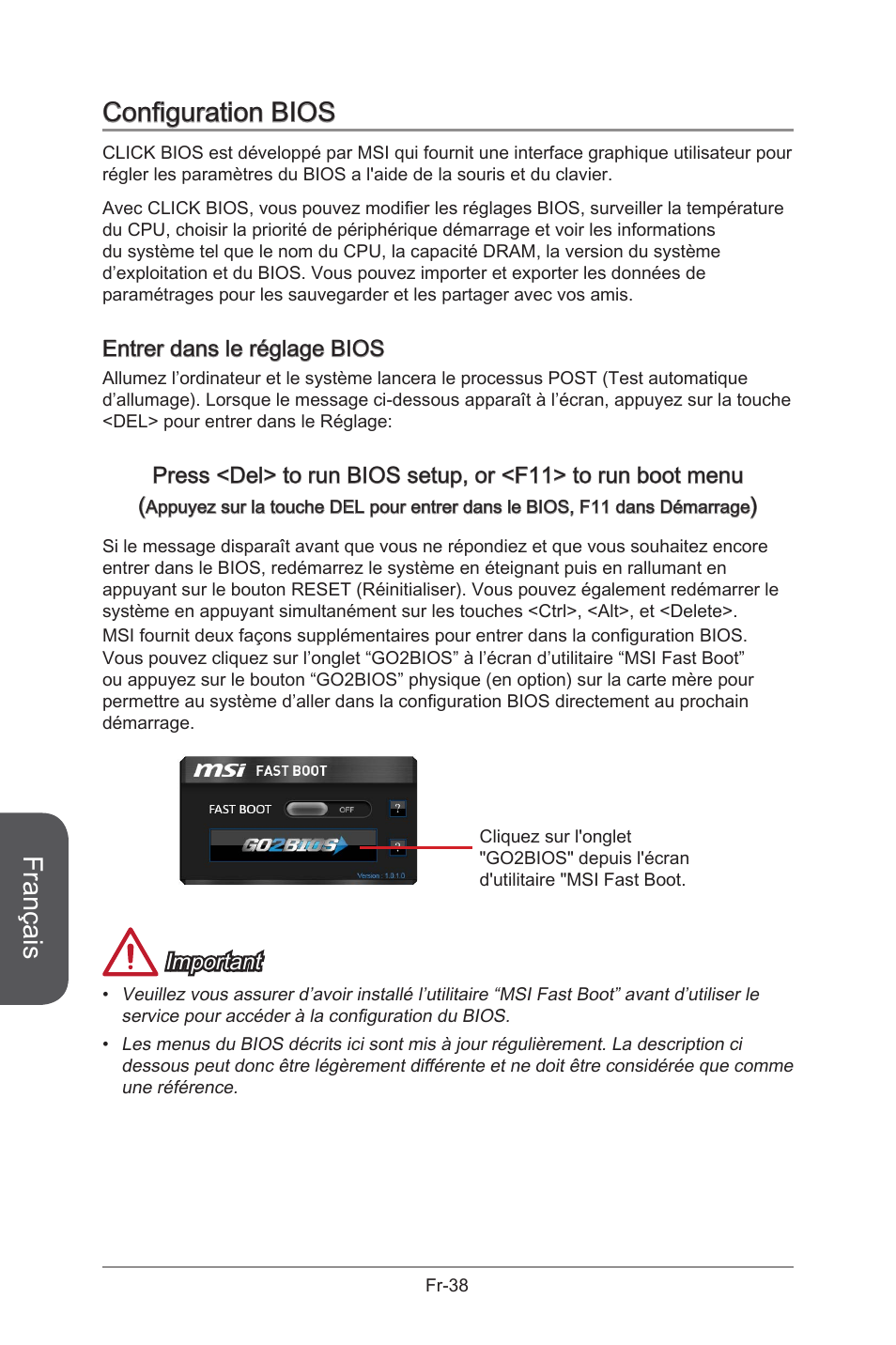 Configuration bios, Français, Entrer dans le réglage bios | Important | MSI X99S GAMING 9 AC User Manual | Page 156 / 236