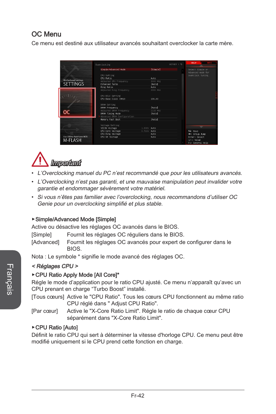 Français, Oc menu, Important | MSI X99S GAMING 9 AC User Manual | Page 160 / 236