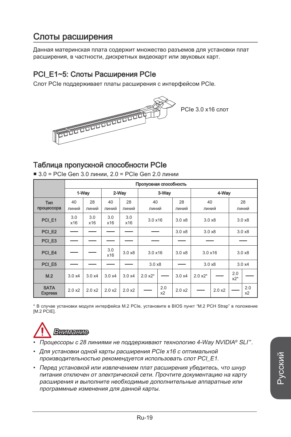 Слоты расширения, Русский, Pci_e1~5: слоты расширения pcie | Таблица пропускной способности pcie, Внимание, Ru-19 | MSI X99S GAMING 9 AC User Manual | Page 189 / 236