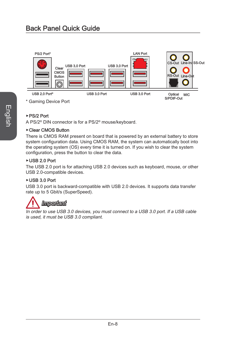 Back panel quick guide, English, Important | MSI X99S GAMING 9 AC User Manual | Page 22 / 236